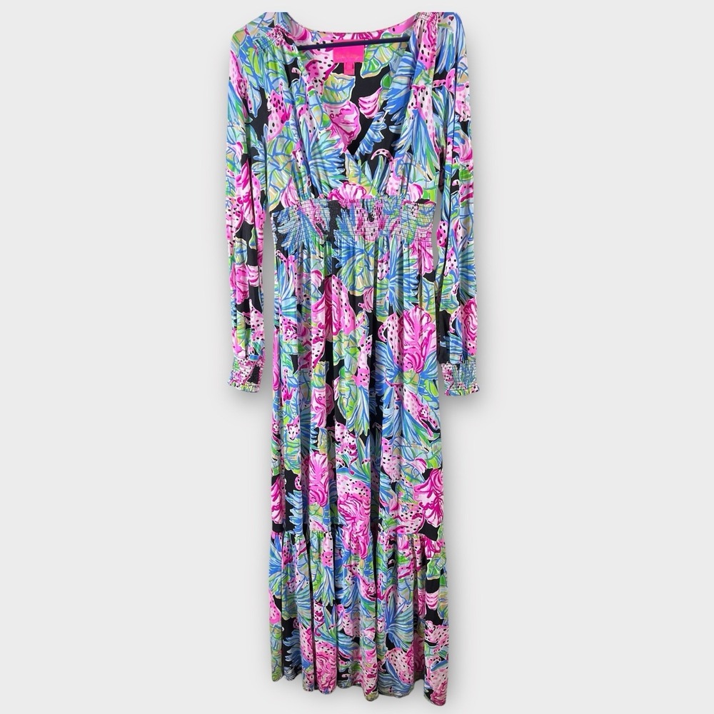 Lilly Pulitzer Mistral Knit Jersey Maxi‎ Dress Onyx Jaguar Jungle Women's Medium